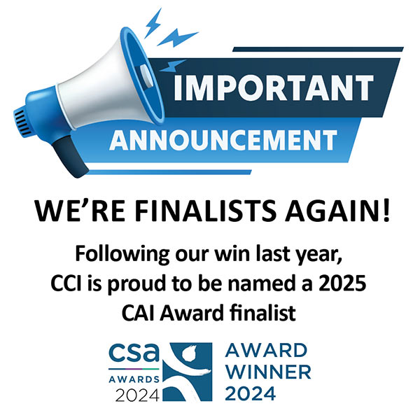 'Important Announcement - We're finalists again! Following our win last year, CCI is proud to be named a 2025 CAI Award finalist.' CSA Award winner logo is shown below.