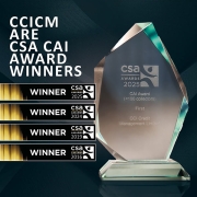 A CAI Award with 4 banners saying 'winner' next to it and text saying 'CCICM Are CSA CAI Award Winners'
