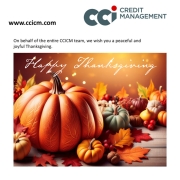 Happy Thanks Giving sign from CCICM with an image of holiday pumpkins and leaves.