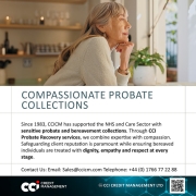 An image of a older woman, looking out of a window and smiling with a warm glow. There is text below that says "Compassionate Probate Collections" as a heading. Underneath the heading it says "Since 1983, CCICM has supported the NHS and Care Sector with sensitive probate and bereavement collections. Through CCI Probate Recovery services, we combine expertise with compassion. Safeguarding client reputation is paramount while ensuring bereaved individuals are treated with dignity, empathy and respect at every stage."
