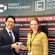 Debt Collection Korea Attorney at Law, Howon Lee, receives a gift of local Welsh salt from ICE Operations Manager Hannah Barratt