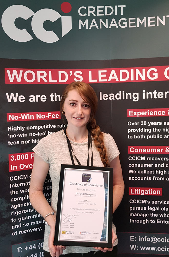 CCICM’s Compliance Officer Leanne Bacigalupo with the Cyber Essentials Plus certificate.
